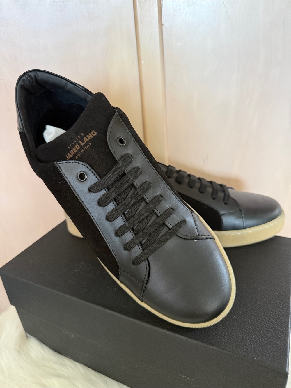 Jared Lang Atelier Italy Black Leather & Suede Sneakers with Gum-Tone Sole